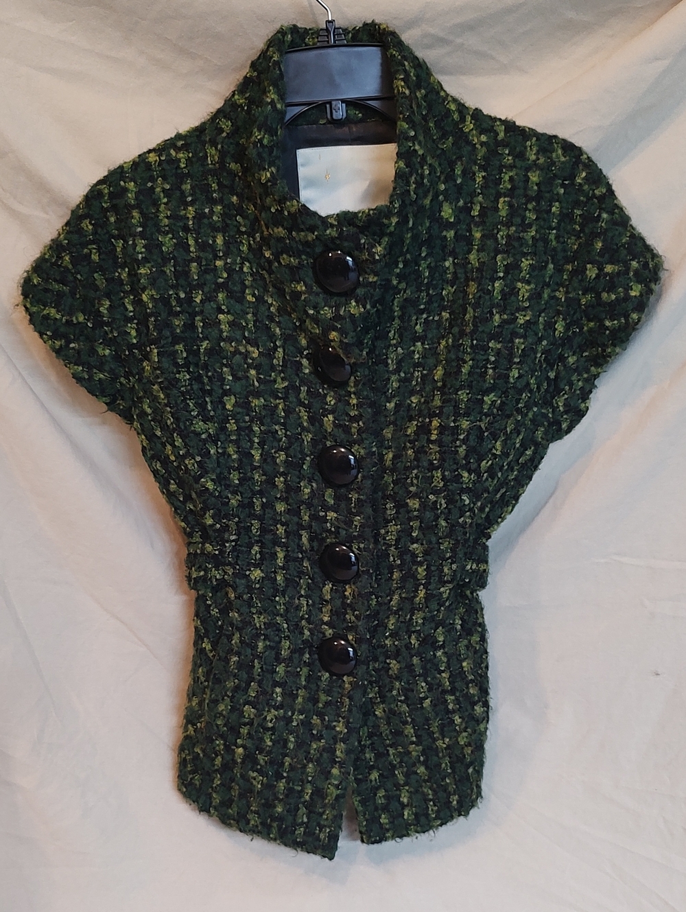 VTG Beth Bowley Anthropologie Green Confetti Tweed Cap Sleeve Vest Jacket